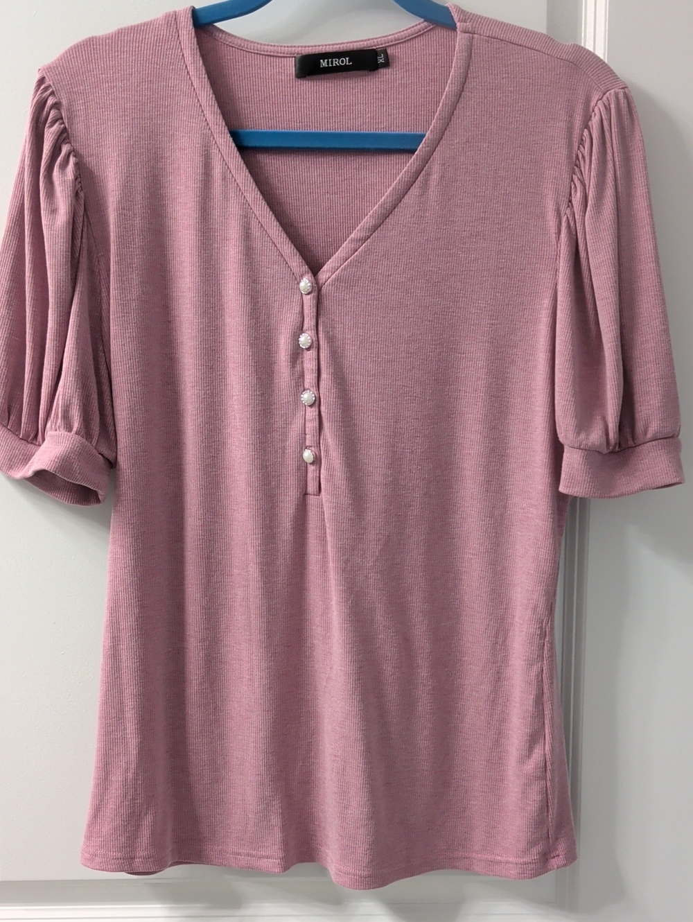 Mirol Dusty Rose V-Neck Short Sleeve Top with Button Detail